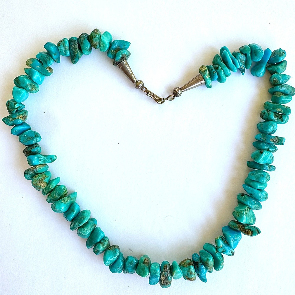 VTG Turquoise Necklace Santo Domingo‎ 51g Nugget 17in Bead Sterling Cones 60s